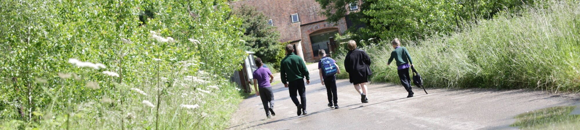 Kids and teacher walking down a lane into school