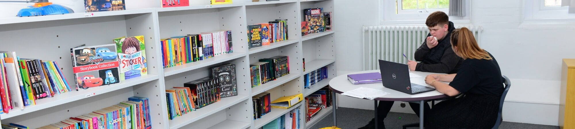 Teenager and Teaching Assistant working in a School Library